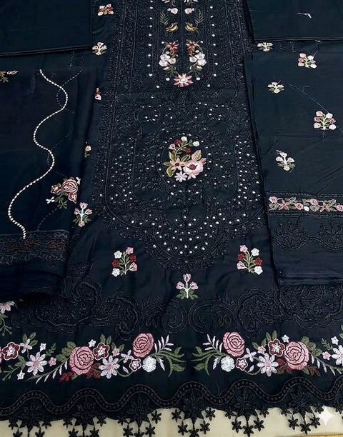 Heavy Schiffli Embroidered Cotton Party Dress with Emb. Chiffon Dupatta