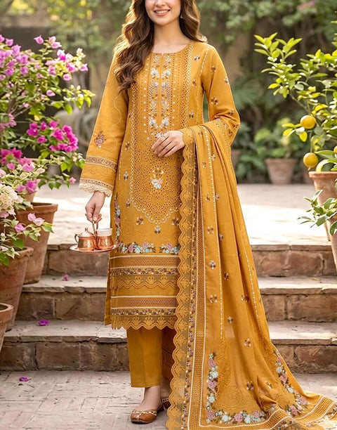 Heavy Schiffli Embroidered Cotton Party Dress with Emb. Chiffon Dupatta