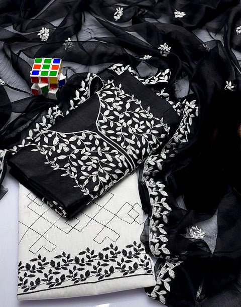 SALE—Heavy Embroidered Cotton Black Dress with Emb. Chiffon Dupatta