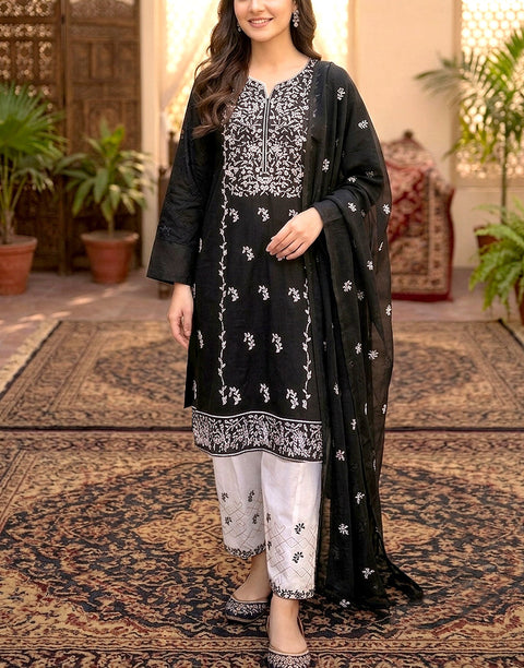 SALE—Heavy Embroidered Cotton Black Dress with Emb. Chiffon Dupatta