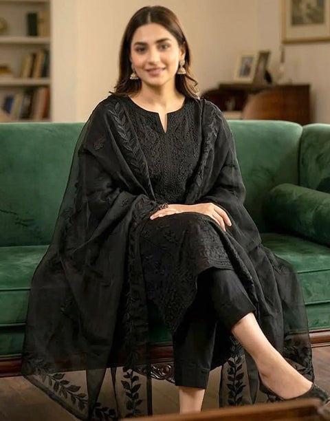 SALE—Heavy Embroidered Cotton Black Suit with Emb. Chiffon Dupatta
