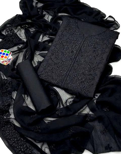 SALE—Heavy Embroidered Cotton Black Suit with Emb. Chiffon Dupatta