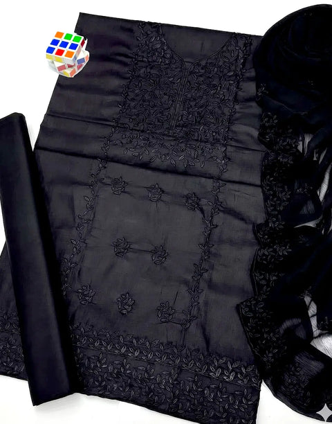 SALE—Heavy Embroidered Cotton Black Suit with Emb. Chiffon Dupatta