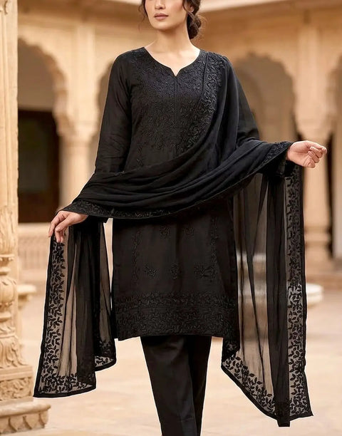 SALE—Heavy Embroidered Cotton Black Suit with Emb. Chiffon Dupatta