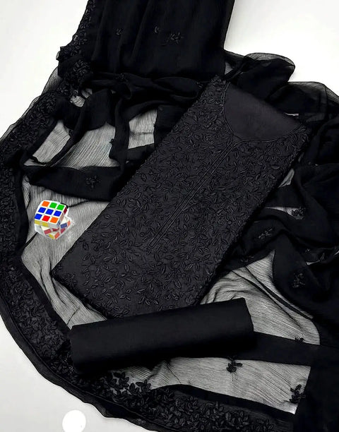 SALE—Heavy Embroidered Cotton Black Suit with Emb. Chiffon Dupatta
