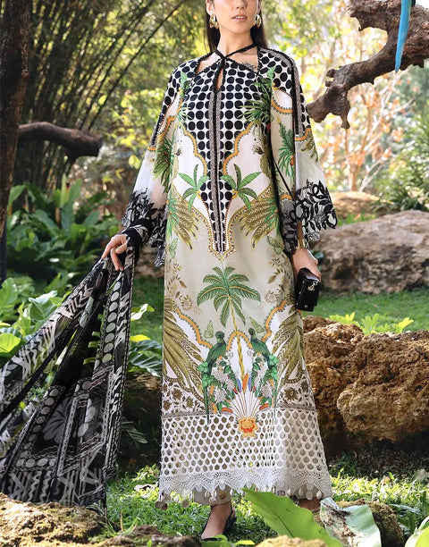 All-Over Print Embroidered EID Lawn Dress for Girls with Chiffon Dupatta