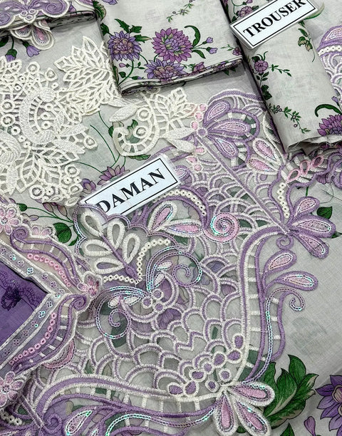 All-Over Print Cut-Work Embroidered Lawn Dress with Emb. Chiffon Dupatta