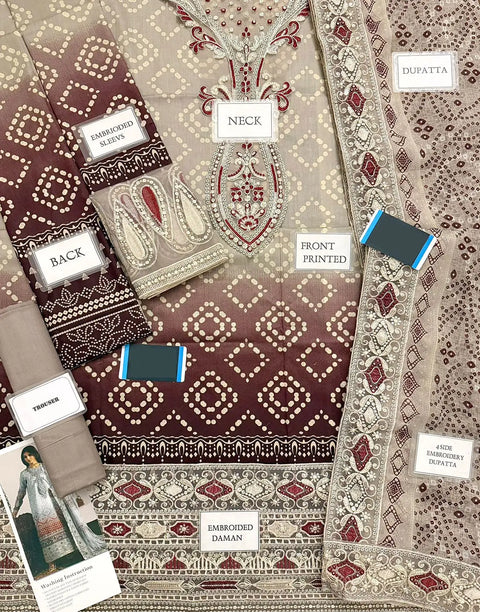 Heavy Embroidered Chunri Print Lawn Dress Design with 4-Side Emb. Chiffon Dupatta