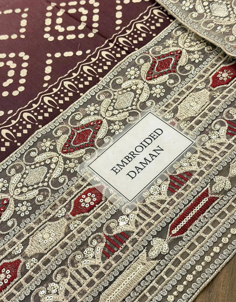 Heavy Embroidered Chunri Print Lawn Dress Design with 4-Side Emb. Chiffon Dupatta