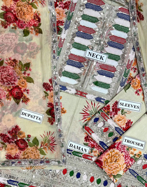 All-Over Print Embroidered Lawn Dress with 4-Side Emb. Chiffon Dupatta