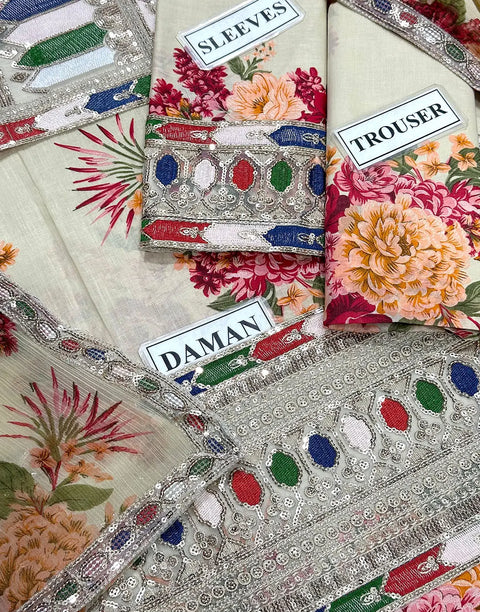 All-Over Print Embroidered Lawn Dress with 4-Side Emb. Chiffon Dupatta
