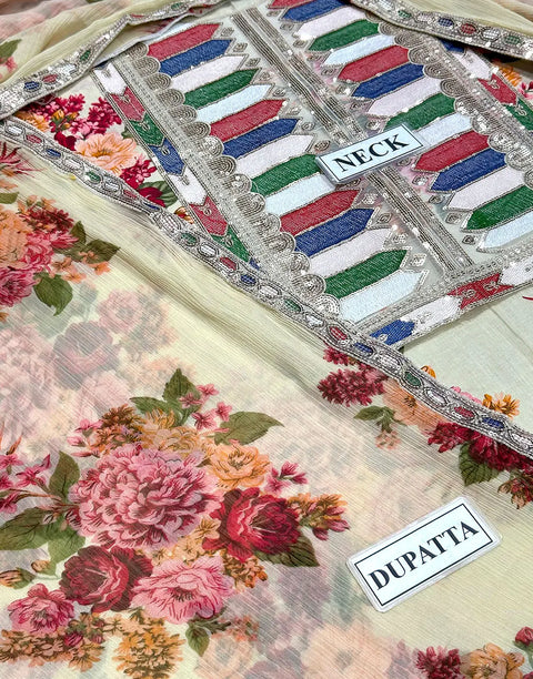 All-Over Print Embroidered Lawn Dress with 4-Side Emb. Chiffon Dupatta