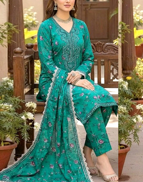 Aneela's All-Over Print Teal Green Embroidered Lawn Suit with 4-Side Emb. Chiffon Dupatta