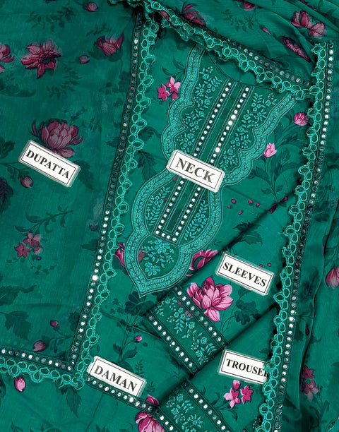 Aneela's All-Over Print Teal Green Embroidered Lawn Suit with 4-Side Emb. Chiffon Dupatta