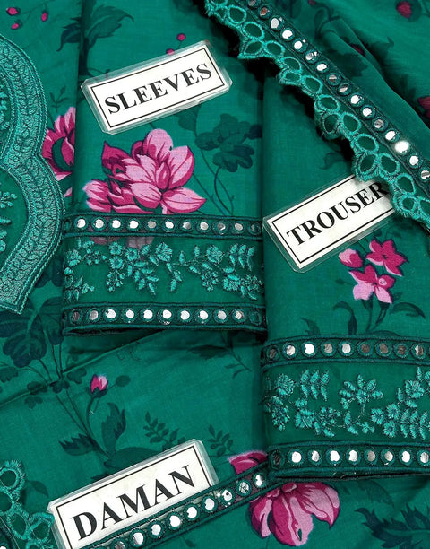 Aneela's All-Over Print Teal Green Embroidered Lawn Suit with 4-Side Emb. Chiffon Dupatta