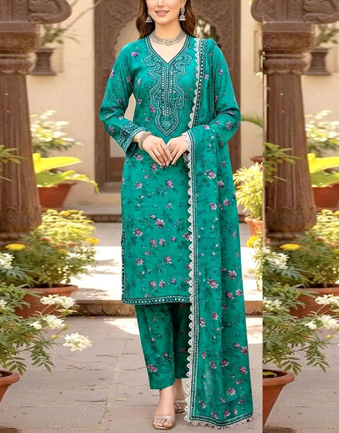 Aneela's All-Over Print Teal Green Embroidered Lawn Suit with 4-Side Emb. Chiffon Dupatta