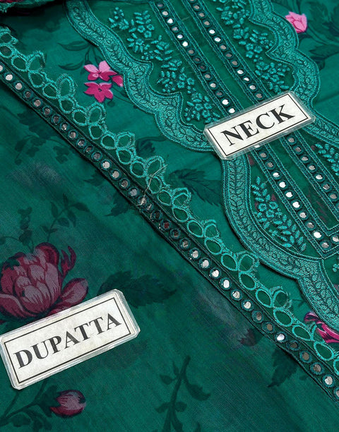 Aneela's All-Over Print Teal Green Embroidered Lawn Suit with 4-Side Emb. Chiffon Dupatta