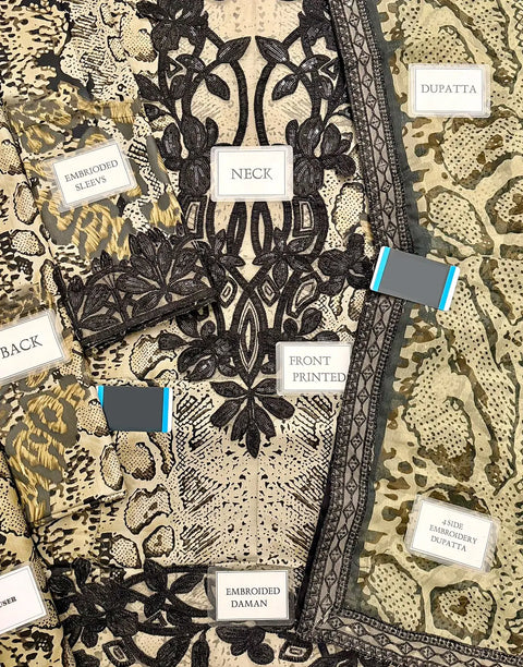 Trendy All-Over Print Sequins Embroidered Beige Lawn Dress with Emb. Chiffon Dupatta