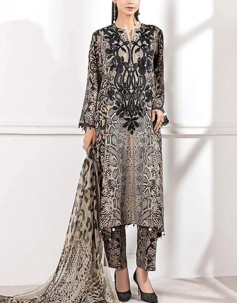 Trendy All-Over Print Sequins Embroidered Beige Lawn Dress with Emb. Chiffon Dupatta