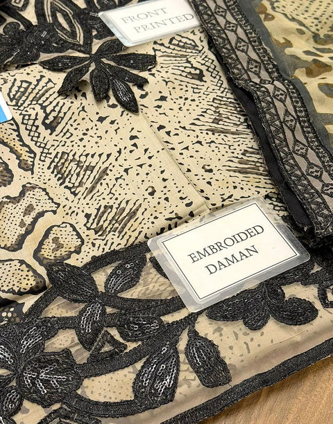 Trendy All-Over Print Sequins Embroidered Beige Lawn Dress with Emb. Chiffon Dupatta