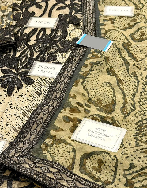 Trendy All-Over Print Sequins Embroidered Beige Lawn Dress with Emb. Chiffon Dupatta