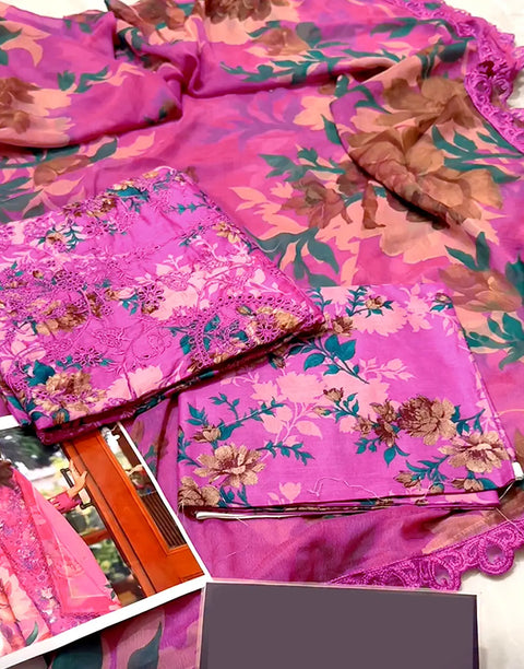 Aneela's All-Over Print  Schiffli Embroidered Lawn Dress 4-Side Emb. Chiffon Dupatta