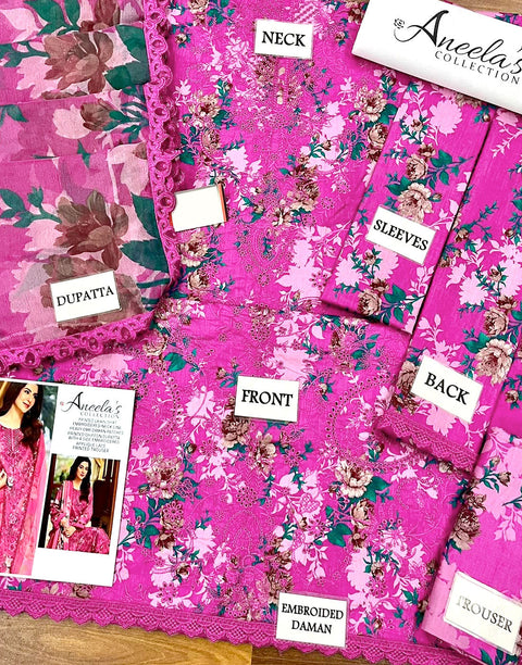 Aneela's All-Over Print  Schiffli Embroidered Lawn Dress 4-Side Emb. Chiffon Dupatta