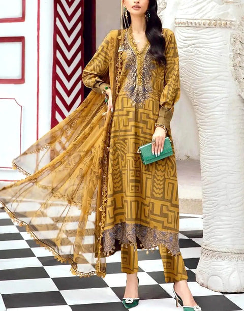 All-Over Print Embroidered EID Lawn Dress with 4-Side Emb. Chiffon Dupatta
