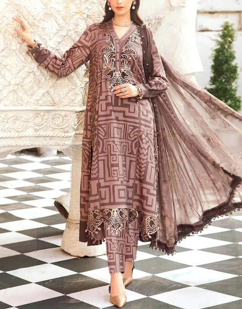All-Over Print Embroidered EID Lawn Suit with 4-Side Emb. Chiffon Dupatta