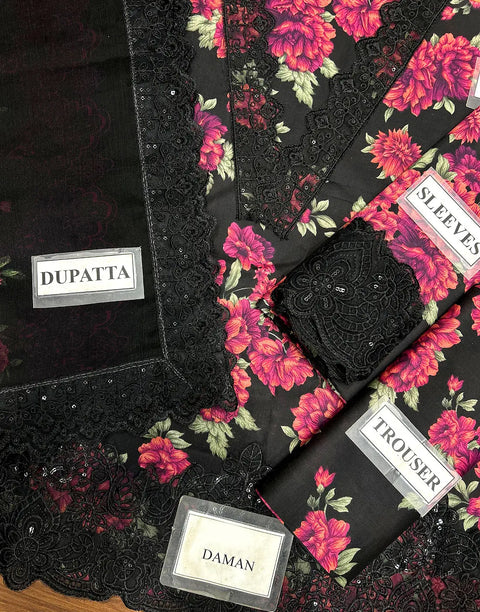 All-Over Floral Print Embroidered Black Lawn Dress for EID and Party Wear