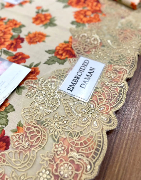 All-Over Floral Print Embroidered EID Lawn Dress with 4-Side Emb. Chiffon Dupatta