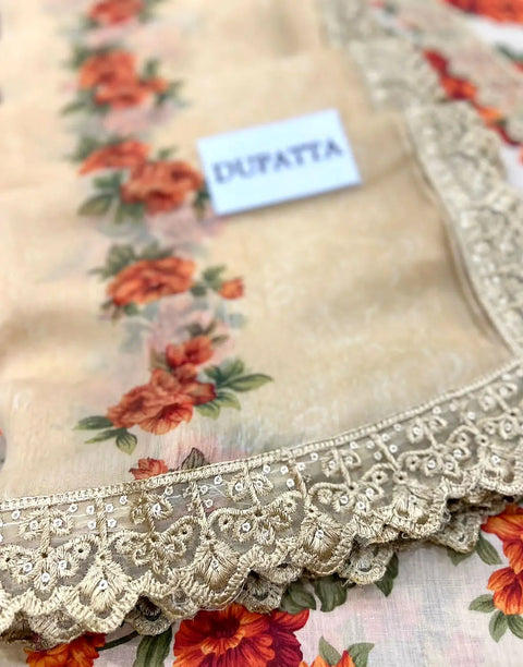 All-Over Floral Print Embroidered EID Lawn Dress with 4-Side Emb. Chiffon Dupatta