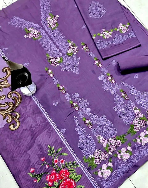 Luxury Schiffli Embroidered Purple Lawn Dress with Digital Print Bana Dora Dupatta