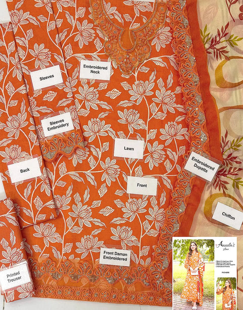All-Over Floral Print Embroidered Orange Lawn Dress Design with 4-Side Emb. Chiffon Dupatta