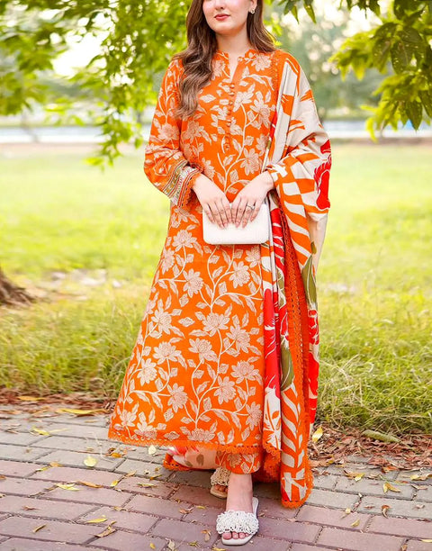 All-Over Floral Print Embroidered Orange Lawn Dress Design with 4-Side Emb. Chiffon Dupatta