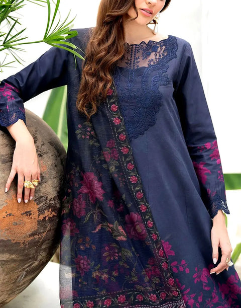 Elegant Embroidered Navy Blue Lawn Dress with Lawn Dupatta - Ideal for EID & Parties