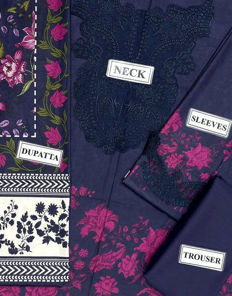 Elegant Embroidered Navy Blue Lawn Dress with Lawn Dupatta - Ideal for EID & Parties