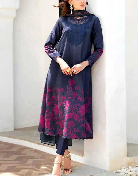 Elegant Embroidered Navy Blue Lawn Dress with Lawn Dupatta - Ideal for EID & Parties