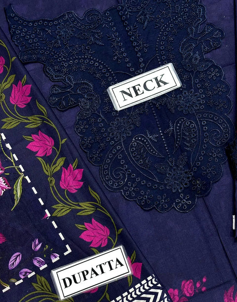 Elegant Embroidered Navy Blue Lawn Dress with Lawn Dupatta - Ideal for EID & Parties