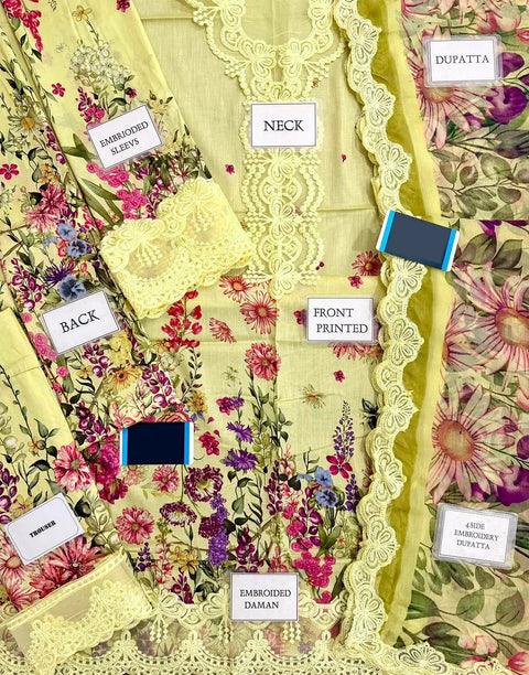 All-Over Print Embroidered Lemon Color EID Lawn Dress with Chiffon Dupatta