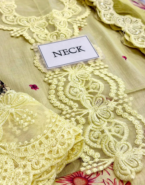 All-Over Print Embroidered Lemon Color EID Lawn Dress with Chiffon Dupatta