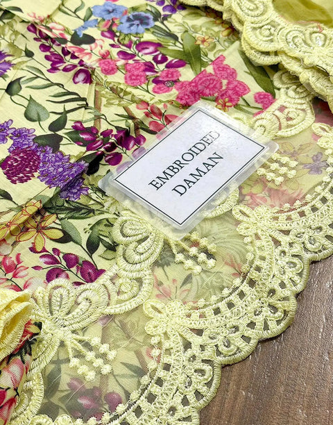 All-Over Print Embroidered Lemon Color EID Lawn Dress with Chiffon Dupatta