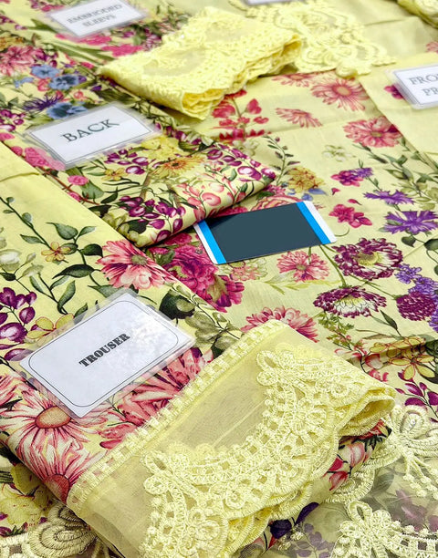 All-Over Print Embroidered Lemon Color EID Lawn Dress with Chiffon Dupatta