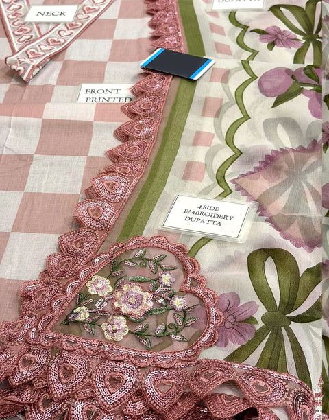 All-Over Checkerboard Print Embroidered Lawn Dress for EID & Party Wear