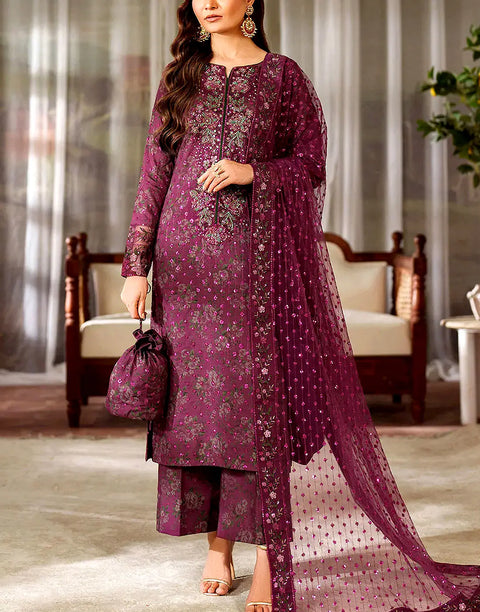 All-Over Print Sequins Embroidered Maroon Lawn Dress with Chiffon Dupatta