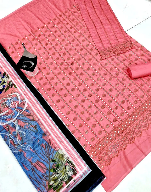 Luxury Schiffli Embroidered Pink Lawn Dress with Digital Print Bana Dora Dupatta