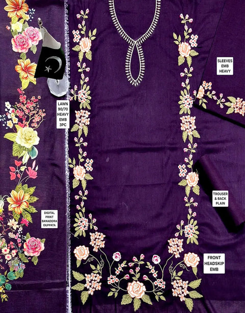 Trendy Embroidered Deep Purple Lawn Dress with Digital Print Banadora Dupatta