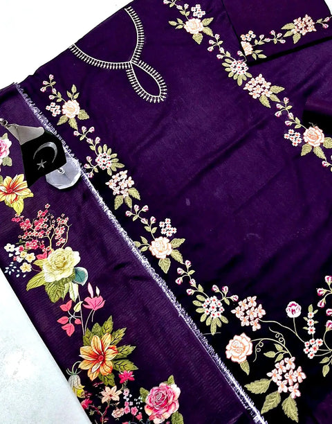 Trendy Embroidered Deep Purple Lawn Dress with Digital Print Banadora Dupatta