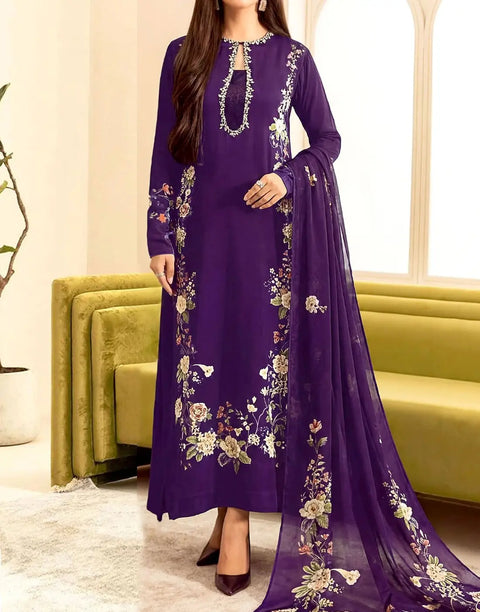 Trendy Embroidered Deep Purple Lawn Dress with Digital Print Banadora Dupatta