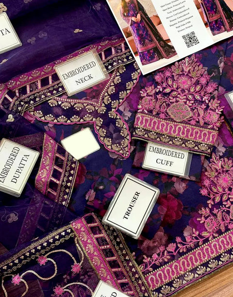 Luxurious Embroidered EID Lawn Dress with Emb. Organza Dupatta